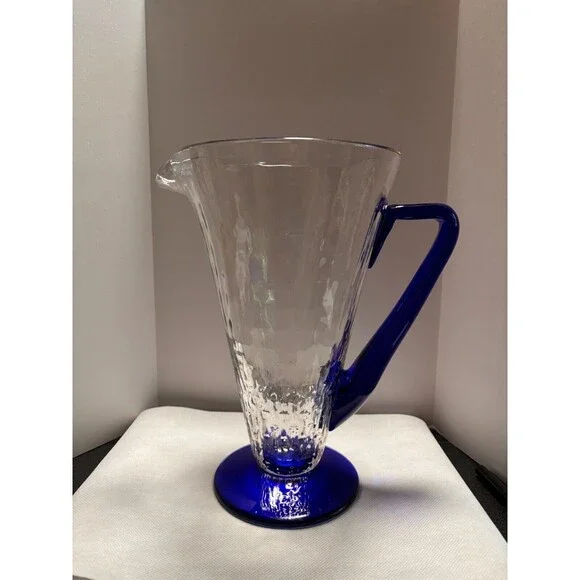 Vintage MCM Clear Glass Pitcher with Cobalt Blue Handle - Picture 2 of 11